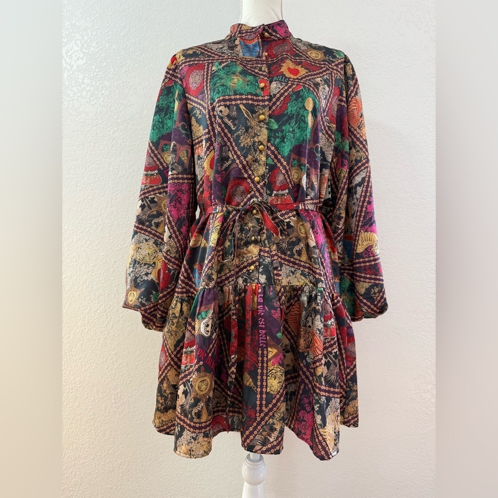 NWT!ALDEN ADAIR Multicolor Graphic print balloon Sleeve belted mini Dress size L